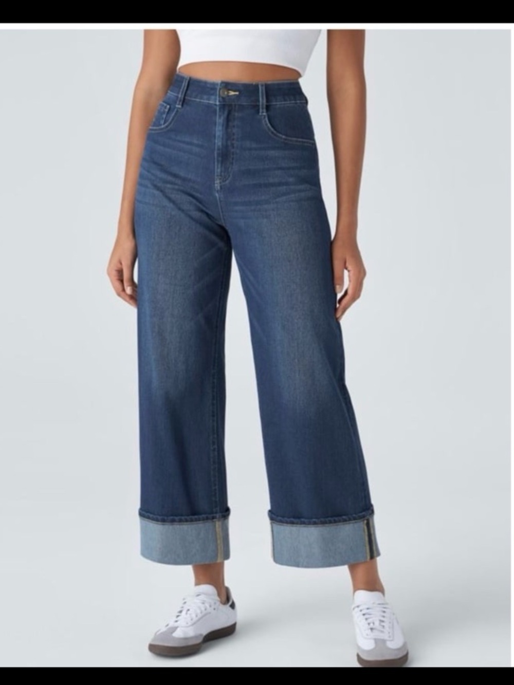 HALARA Flex Denim Wide Leg Jeans Small High Rise Stretch Rolled Hem Crop Blue